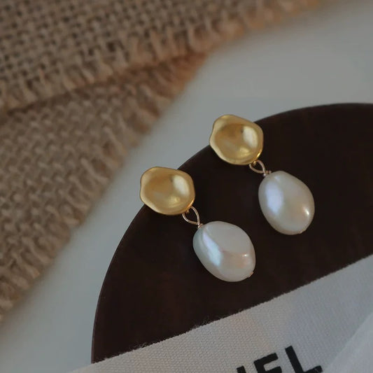 Golden Earrings with Pearl Pendant