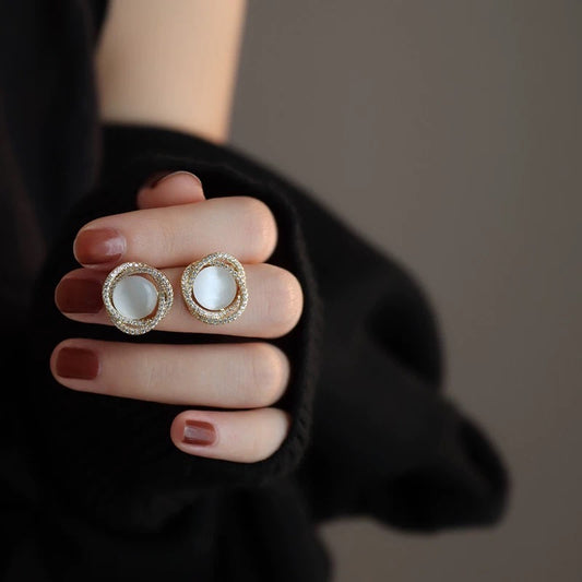 Golden Loop Earrings with Moon Shine Stone