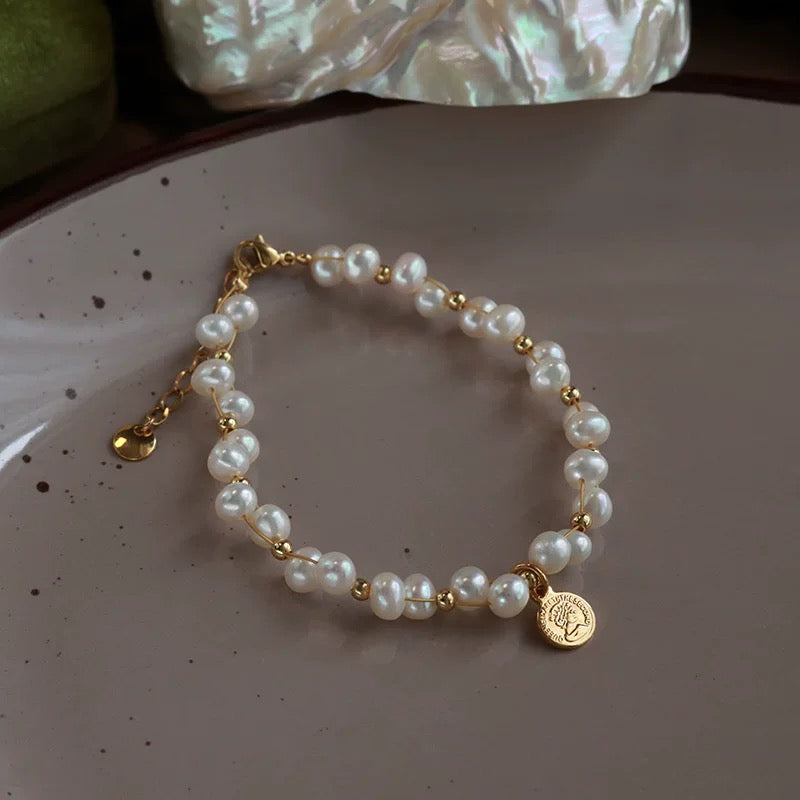 Golden Bracelet With Uneven Natural Pearl