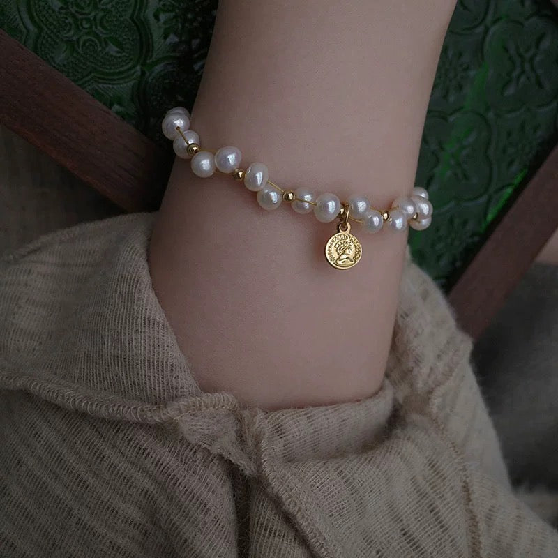 Golden Bracelet With Uneven Natural Pearl